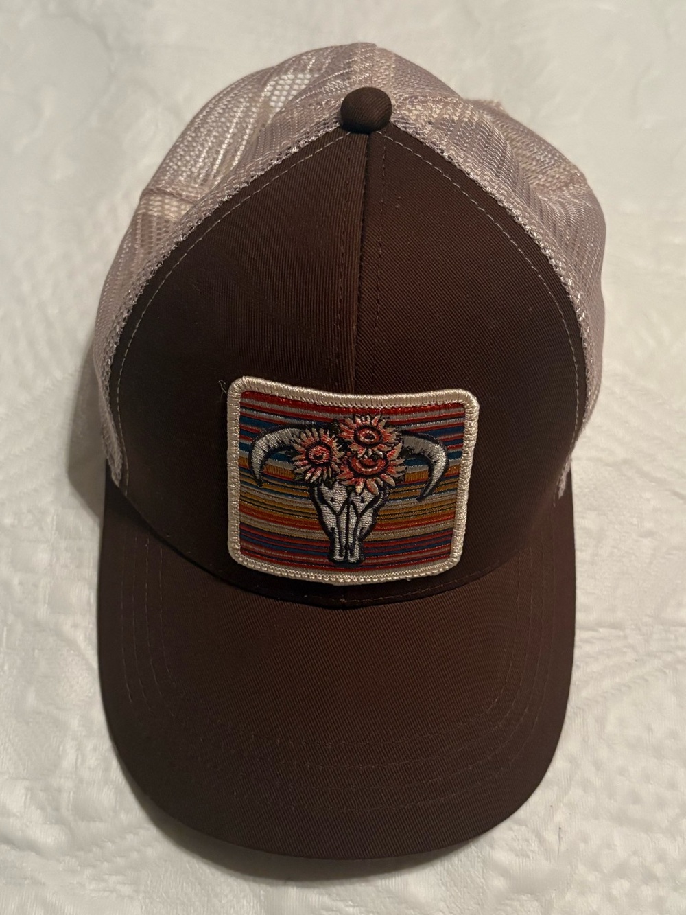 Shyanne Women’s Western Trucker Hat Brown Mesh Bull Skull Patch OSFM